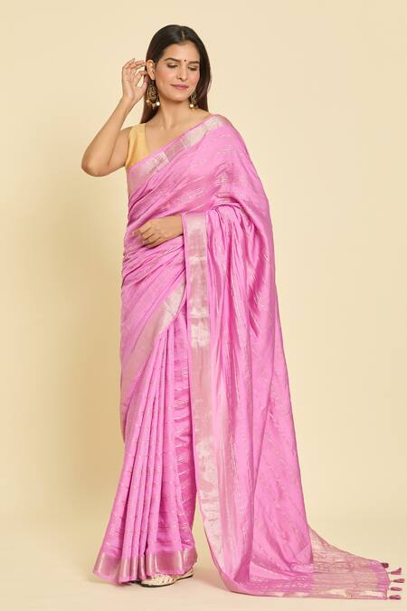 Samyukta Singhania Purple Chanderi Zari Striped Saree With Unstitched Blouse Piece Online at Aza Fashions Samyukta Singhania_Purple Chanderi Zari Striped Saree With Unstitched Blouse Piece_Online_at_Aza_Fashions