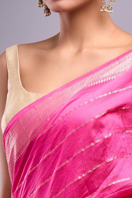 Samyukta Singhania Pink Chanderi Zari Striped Saree With Unstitched Floral Blouse Piece Online at Aza Fashions Samyukta Singhania_Pink Chanderi Zari Striped Saree With Unstitched Floral Blouse Piece_Online_at_Aza_Fashions