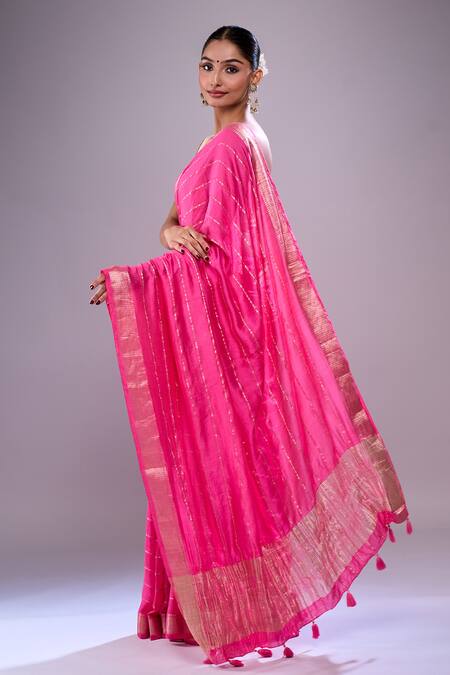 Shop Samyukta Singhania Pink Chanderi Zari Striped Saree With Unstitched Floral Blouse Piece at Aza Fashions Shop_Samyukta Singhania_Pink Chanderi Zari Striped Saree With Unstitched Floral Blouse Piece_at_Aza_Fashions