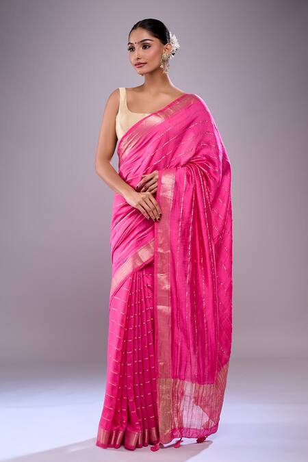Samyukta Singhania Pink Chanderi Zari Striped Saree With Unstitched Floral Blouse Piece at Aza Fashions Samyukta Singhania_Pink Chanderi Zari Striped Saree With Unstitched Floral Blouse Piece_at_Aza_Fashions