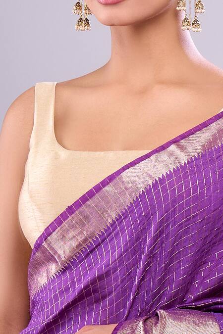 Samyukta Singhania Purple Chanderi Checkered Saree With Unstitched Floral Blouse Piece Online at Aza Fashions Samyukta Singhania_Purple Chanderi Checkered Saree With Unstitched Floral Blouse Piece_Online_at_Aza_Fashions