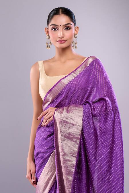 Buy Samyukta Singhania Purple Chanderi Checkered Saree With Unstitched Floral Blouse Piece Online at Aza Fashions Buy_Samyukta Singhania_Purple Chanderi Checkered Saree With Unstitched Floral Blouse Piece_Online_at_Aza_Fashions