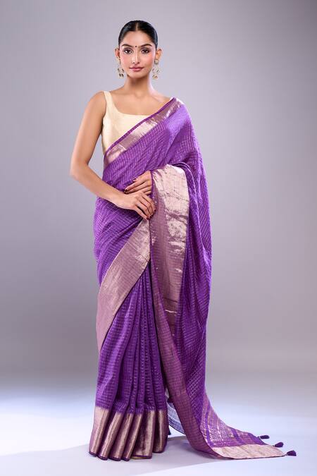 Shop Samyukta Singhania Purple Chanderi Checkered Saree With Unstitched Floral Blouse Piece Online at Aza Fashions Shop_Samyukta Singhania_Purple Chanderi Checkered Saree With Unstitched Floral Blouse Piece_Online_at_Aza_Fashions