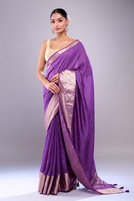 Samyukta Singhania Purple Chanderi Checkered Saree With Unstitched Floral Blouse Piece at Aza Fashions Samyukta Singhania_Purple Chanderi Checkered Saree With Unstitched Floral Blouse Piece_at_Aza_Fashions