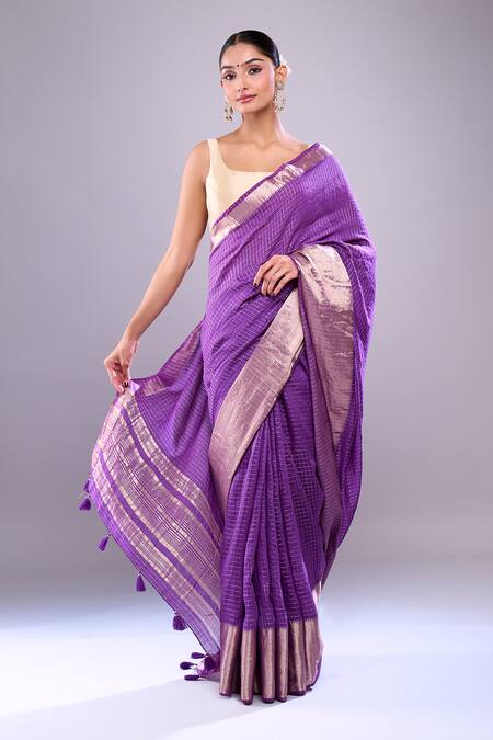 Shop Samyukta Singhania Purple Chanderi Checkered Saree With Unstitched Floral Blouse Piece at Aza Fashions Shop_Samyukta Singhania_Purple Chanderi Checkered Saree With Unstitched Floral Blouse Piece_at_Aza_Fashions