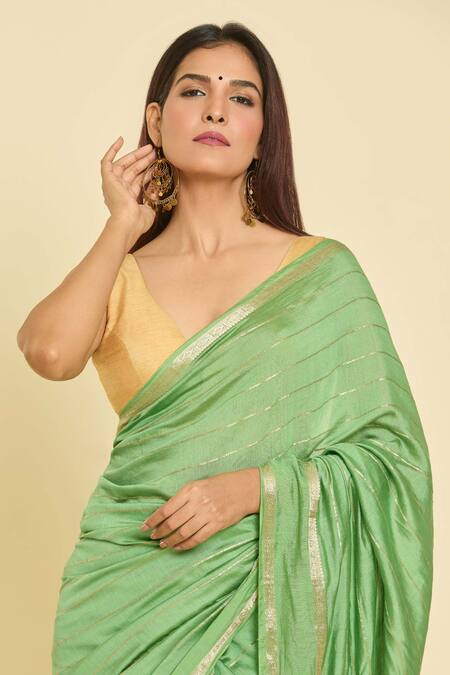Samyukta Singhania Green Chanderi Zari Striped Saree With Unstitched Blouse Piece Online at Aza Fashions Samyukta Singhania_Green Chanderi Zari Striped Saree With Unstitched Blouse Piece_Online_at_Aza_Fashions