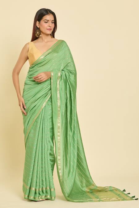 Shop Samyukta Singhania Green Chanderi Zari Striped Saree With Unstitched Blouse Piece Online at Aza Fashions Shop_Samyukta Singhania_Green Chanderi Zari Striped Saree With Unstitched Blouse Piece_Online_at_Aza_Fashions