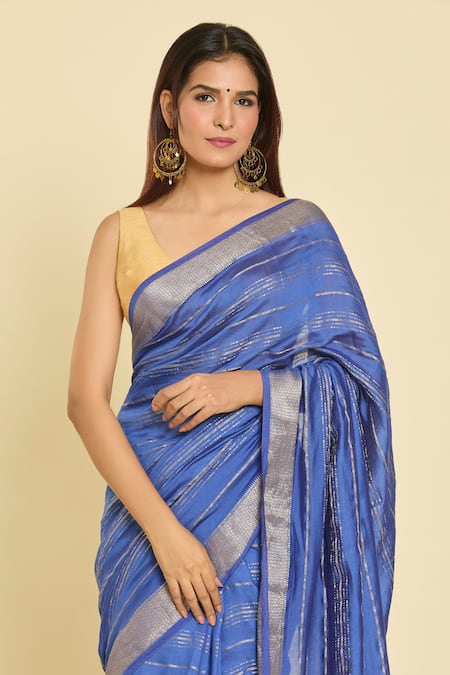 Samyukta Singhania_Blue Chanderi Zari Saree With Unstitched Blouse Piece _at_Aza_Fashions