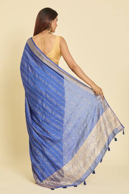 Shop_Samyukta Singhania_Blue Chanderi Zari Saree With Unstitched Blouse Piece _at_Aza_Fashions