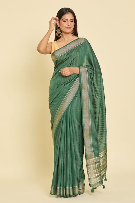 Samyukta Singhania Green Chanderi Zari, Tassels Round Stripe Saree With Unstitched Blouse Piece Online at Aza Fashions Samyukta Singhania_Green Chanderi Zari, Tassels Round Stripe Saree With Unstitched Blouse Piece_Online_at_Aza_Fashions