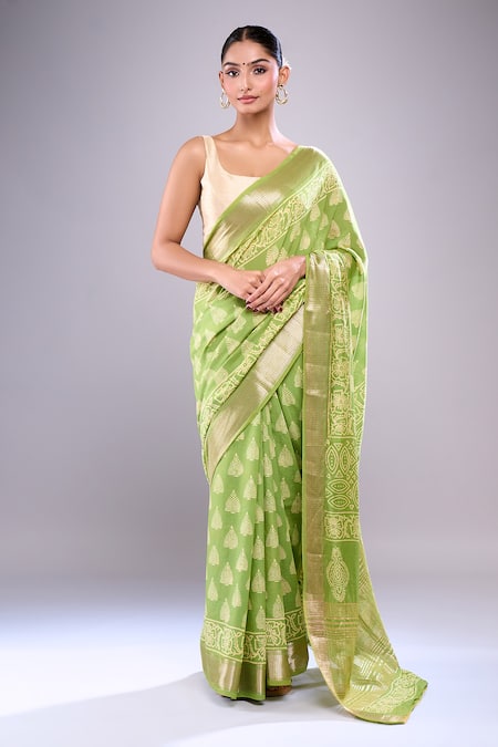 Naintara Bajaj Leaf Hand Block Print Saree With Running Blouse 