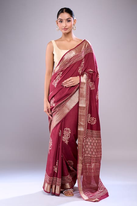Buy_Samyukta Singhania_Wine Cotton Embroidery, Zari Floral Hand Block Print Saree With Running Blouse _Online_at_Aza_Fashions