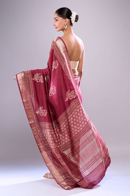 Shop_Samyukta Singhania_Wine Cotton Embroidery, Zari Floral Hand Block Print Saree With Running Blouse _at_Aza_Fashions