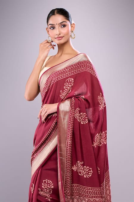 Shop_Samyukta Singhania_Wine Cotton Embroidery, Zari Floral Hand Block Print Saree With Running Blouse _Online_at_Aza_Fashions