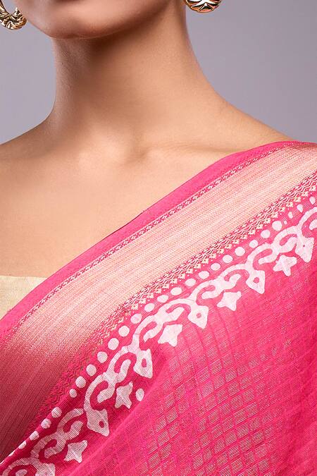 Naintara Bajaj Pink Chanderi Embroidery Round Neck Hand Block Print Saree With Running Blouse Online at Aza Fashions Naintara Bajaj_Pink Chanderi Embroidery Round Neck Hand Block Print Saree With Running Blouse_Online_at_Aza_Fashions