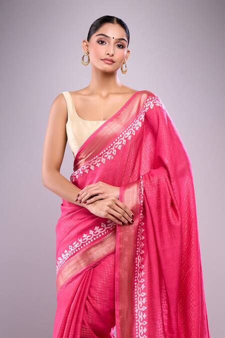Buy Naintara Bajaj Pink Chanderi Embroidery Round Neck Hand Block Print Saree With Running Blouse Online at Aza Fashions Buy_Naintara Bajaj_Pink Chanderi Embroidery Round Neck Hand Block Print Saree With Running Blouse_Online_at_Aza_Fashions