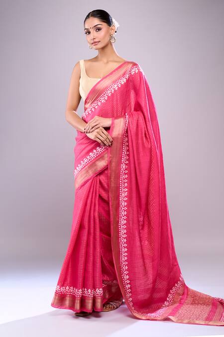 Shop Naintara Bajaj Pink Chanderi Embroidery Round Neck Hand Block Print Saree With Running Blouse Online at Aza Fashions Shop_Naintara Bajaj_Pink Chanderi Embroidery Round Neck Hand Block Print Saree With Running Blouse_Online_at_Aza_Fashions