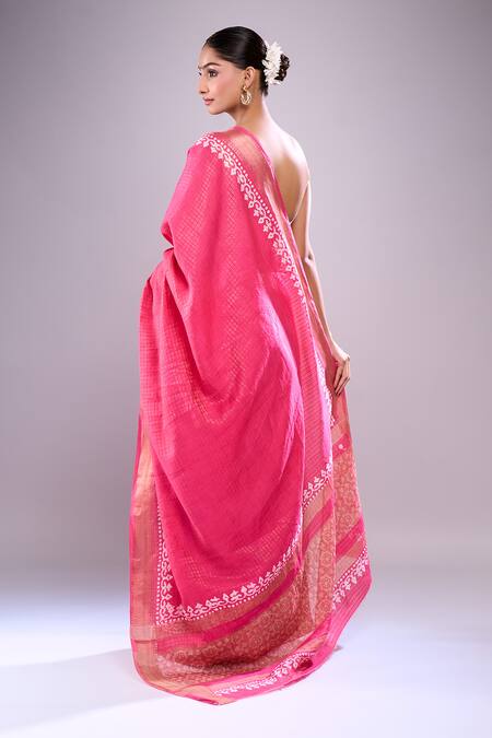 Shop Naintara Bajaj Pink Chanderi Embroidery Round Neck Hand Block Print Saree With Running Blouse at Aza Fashions Shop_Naintara Bajaj_Pink Chanderi Embroidery Round Neck Hand Block Print Saree With Running Blouse_at_Aza_Fashions