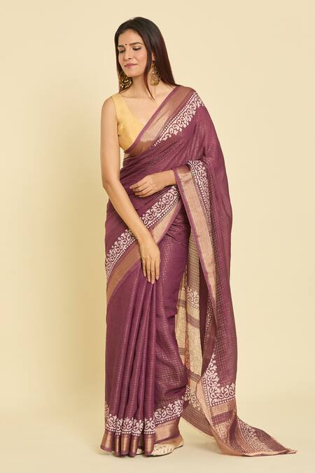 Naintara Bajaj Wine Chanderi Embroidery Hand Block Print Saree With Running Blouse Online at Aza Fashions Naintara Bajaj_Wine Chanderi Embroidery Hand Block Print Saree With Running Blouse_Online_at_Aza_Fashions