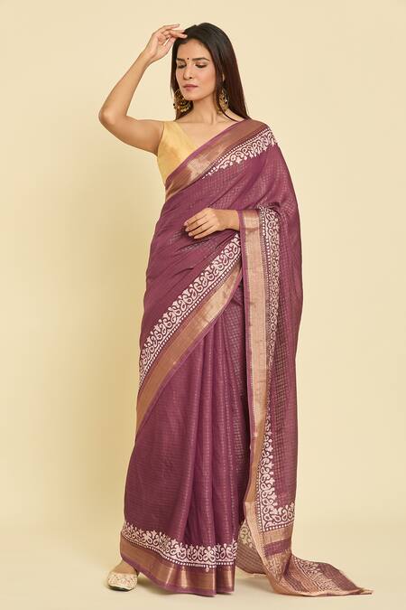 Buy Naintara Bajaj Wine Chanderi Embroidery Hand Block Print Saree With Running Blouse Online at Aza Fashions Buy_Naintara Bajaj_Wine Chanderi Embroidery Hand Block Print Saree With Running Blouse_Online_at_Aza_Fashions