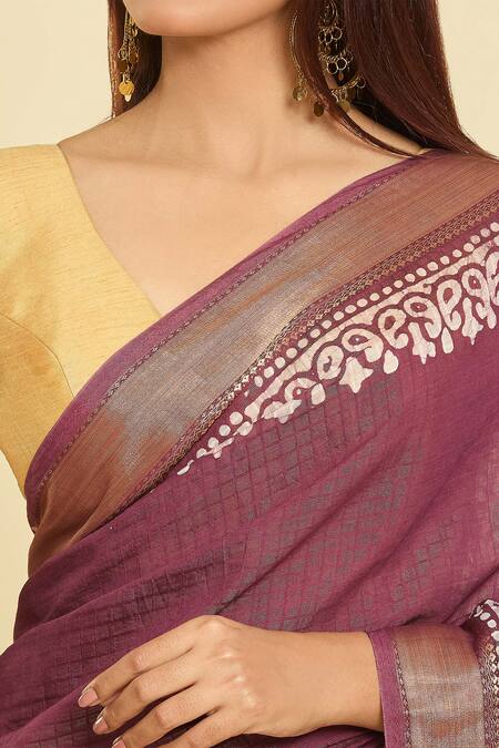 Naintara Bajaj Wine Chanderi Embroidery Hand Block Print Saree With Running Blouse at Aza Fashions Naintara Bajaj_Wine Chanderi Embroidery Hand Block Print Saree With Running Blouse_at_Aza_Fashions