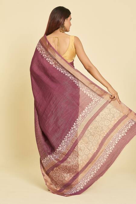 Shop Naintara Bajaj Wine Chanderi Embroidery Hand Block Print Saree With Running Blouse at Aza Fashions Shop_Naintara Bajaj_Wine Chanderi Embroidery Hand Block Print Saree With Running Blouse_at_Aza_Fashions