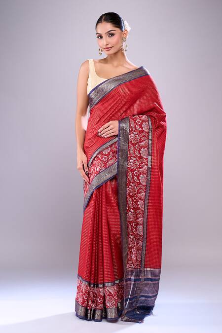 Naintara Bajaj Maroon Chanderi Embroidery Round Neck Botanical Hem Saree With Running Blouse Online at Aza Fashions Naintara Bajaj_Maroon Chanderi Embroidery Round Neck Botanical Hem Saree With Running Blouse _Online_at_Aza_Fashions