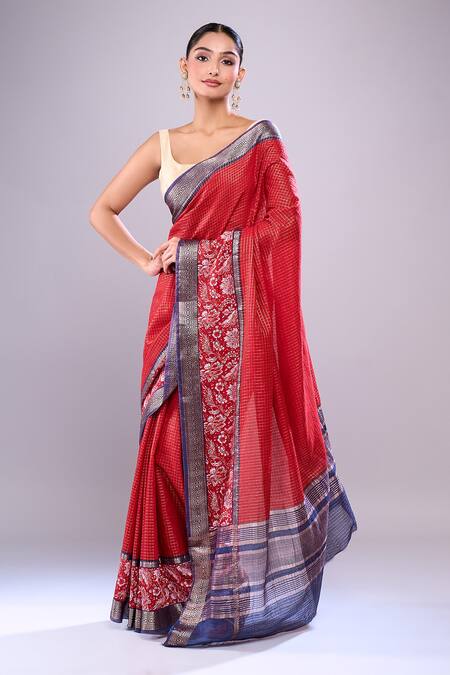 Shop Naintara Bajaj Maroon Chanderi Embroidery Round Neck Botanical Hem Saree With Running Blouse Online at Aza Fashions Shop_Naintara Bajaj_Maroon Chanderi Embroidery Round Neck Botanical Hem Saree With Running Blouse _Online_at_Aza_Fashions