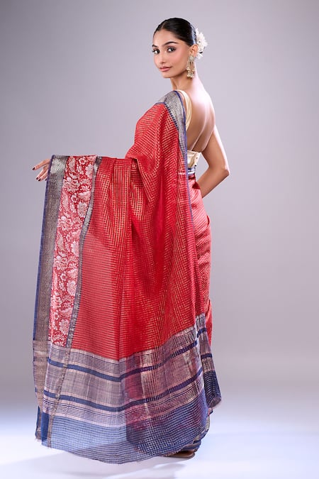 Shop Naintara Bajaj Maroon Chanderi Embroidery Round Neck Botanical Hem Saree With Running Blouse at Aza Fashions Shop_Naintara Bajaj_Maroon Chanderi Embroidery Round Neck Botanical Hem Saree With Running Blouse _at_Aza_Fashions