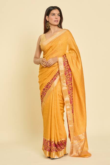 Naintara Bajaj Yellow Chanderi Embroidery Botanical Hem Saree With Unstitched Blouse Piece Online at Aza Fashions Naintara Bajaj_Yellow Chanderi Embroidery Botanical Hem Saree With Unstitched Blouse Piece_Online_at_Aza_Fashions