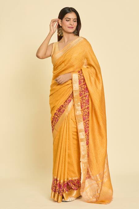 Shop Naintara Bajaj Yellow Chanderi Embroidery Botanical Hem Saree With Unstitched Blouse Piece at Aza Fashions Shop_Naintara Bajaj_Yellow Chanderi Embroidery Botanical Hem Saree With Unstitched Blouse Piece_at_Aza_Fashions