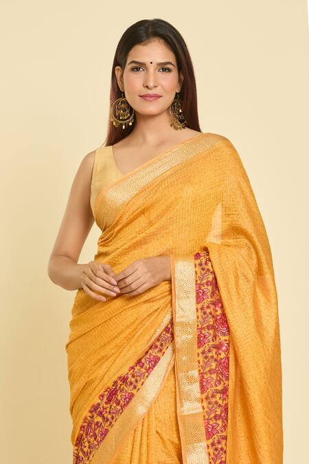 Shop Naintara Bajaj Yellow Chanderi Embroidery Botanical Hem Saree With Unstitched Blouse Piece Online at Aza Fashions Shop_Naintara Bajaj_Yellow Chanderi Embroidery Botanical Hem Saree With Unstitched Blouse Piece_Online_at_Aza_Fashions