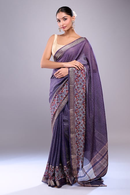 Naintara Bajaj_Navy Chanderi Embroidery Botanical Hem Saree With Unstitched Blouse Piece _Online_at_Aza_Fashions