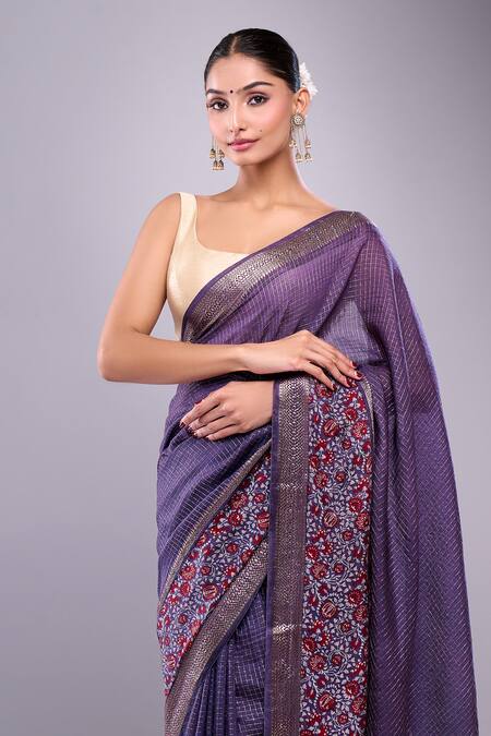 Shop_Naintara Bajaj_Navy Chanderi Embroidery Botanical Hem Saree With Unstitched Blouse Piece _Online_at_Aza_Fashions