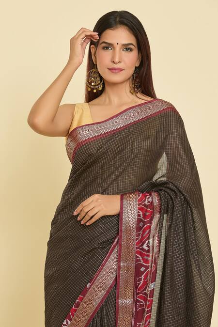 Buy_Naintara Bajaj_Black Chanderi Botanical Hem Saree With Running Blouse _Online_at_Aza_Fashions