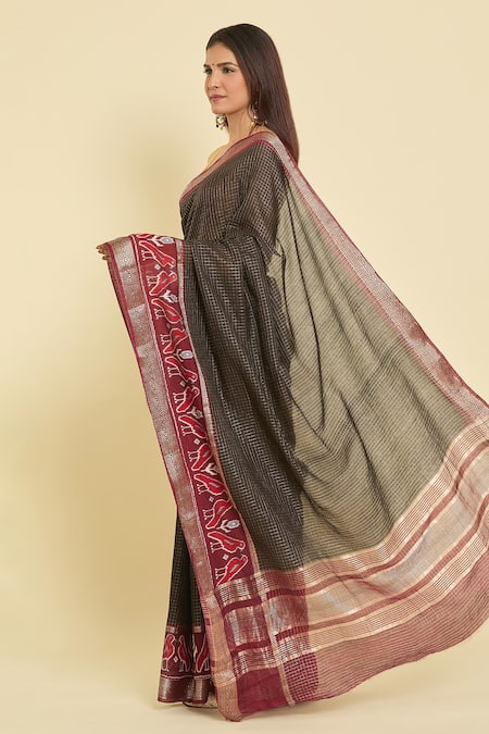 Shop_Naintara Bajaj_Black Chanderi Botanical Hem Saree With Running Blouse _Online_at_Aza_Fashions