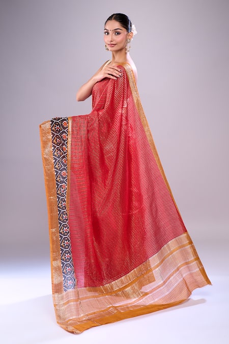 Shop Naintara Bajaj Red Chanderi Embroidery Round Neck Abstract Floral Saree With Running Blouse at Aza Fashions Shop_Naintara Bajaj_Red Chanderi Embroidery Round Neck Abstract Floral Saree With Running Blouse _at_Aza_Fashions