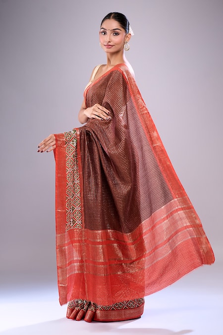 Shop_Samyukta Singhania_Brown Chanderi, Cotton Embroidery Checks Saree With Unstitched Blouse Piece _at_Aza_Fashions