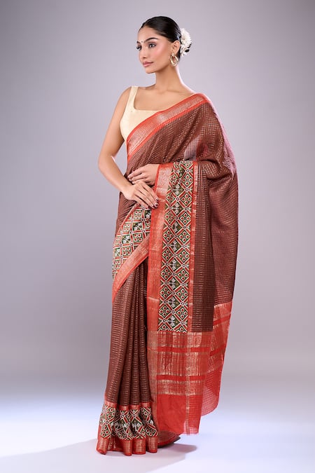 Buy_Samyukta Singhania_Brown Chanderi, Cotton Embroidery Checks Saree With Unstitched Blouse Piece _Online_at_Aza_Fashions