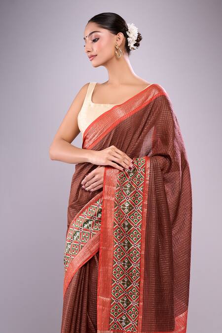 Shop_Samyukta Singhania_Brown Chanderi, Cotton Embroidery Checks Saree With Unstitched Blouse Piece _Online_at_Aza_Fashions