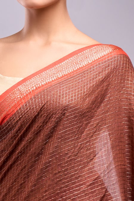 Samyukta Singhania_Brown Chanderi, Cotton Embroidery Checks Saree With Unstitched Blouse Piece _at_Aza_Fashions