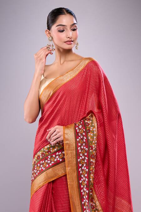 Buy Naintara Bajaj Red Chanderi Embroidery Blossom Hem Saree With Running Blouse Online at Aza Fashions Buy_Naintara Bajaj_Red Chanderi Embroidery Blossom Hem Saree With Running Blouse _Online_at_Aza_Fashions