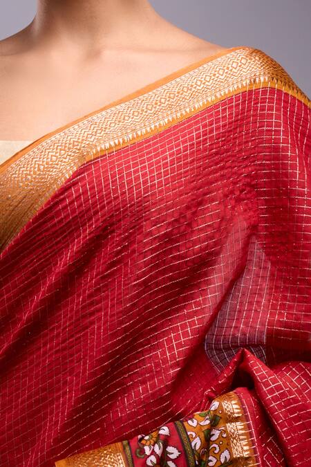 Naintara Bajaj Red Chanderi Embroidery Blossom Hem Saree With Running Blouse at Aza Fashions Naintara Bajaj_Red Chanderi Embroidery Blossom Hem Saree With Running Blouse _at_Aza_Fashions