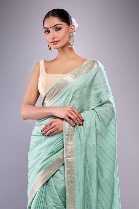 Samyukta Singhania Green Chanderi, Cotton, Silk Tassels Striped Saree With Floral Blouse Piece Online at Aza Fashions Samyukta Singhania_Green Chanderi, Cotton, Silk Tassels Striped Saree With Floral Blouse Piece_Online_at_Aza_Fashions