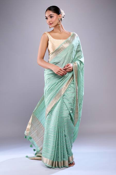 Buy Samyukta Singhania Green Chanderi, Cotton, Silk Tassels Striped Saree With Floral Blouse Piece Online at Aza Fashions Buy_Samyukta Singhania_Green Chanderi, Cotton, Silk Tassels Striped Saree With Floral Blouse Piece_Online_at_Aza_Fashions
