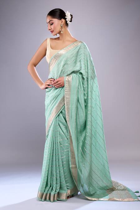 Shop Samyukta Singhania Green Chanderi, Cotton, Silk Tassels Striped Saree With Floral Blouse Piece Online at Aza Fashions Shop_Samyukta Singhania_Green Chanderi, Cotton, Silk Tassels Striped Saree With Floral Blouse Piece_Online_at_Aza_Fashions