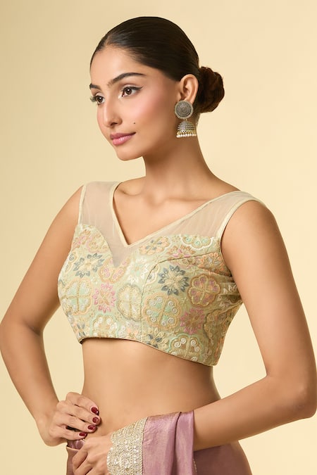 Shop_Samyukta Singhania_Green Embroidery V-neck Floral Padded Blouse _Online_at_Aza_Fashions