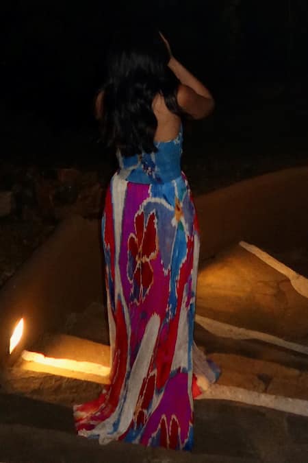 Shop_Saaksha & Kinni_Multi Color Chiffon Sweetheart Neck Layla Ikat Print Maxi Dress _at_Aza_Fashions