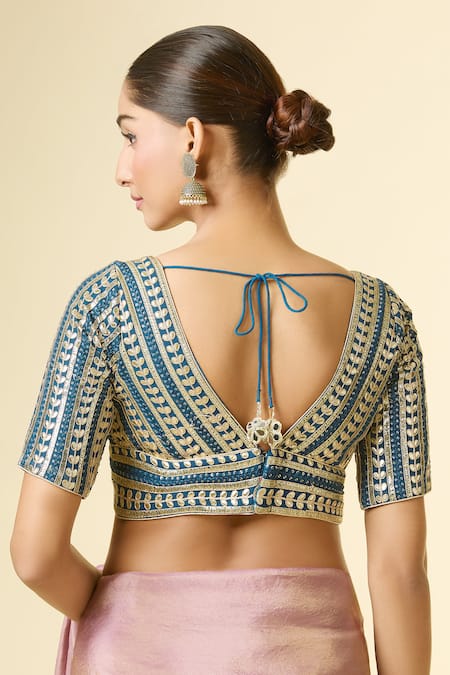 Shop Samyukta Singhania Blue Silk Embroidery V-neck Geometric Blouse at Aza Fashions Shop_Samyukta Singhania_Blue Silk Embroidery V-neck Geometric Blouse _at_Aza_Fashions