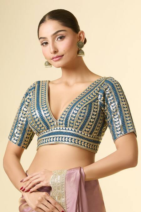 Samyukta Singhania Blue Silk Embroidery V-neck Geometric Blouse Online at Aza Fashions Samyukta Singhania_Blue Silk Embroidery V-neck Geometric Blouse _Online_at_Aza_Fashions